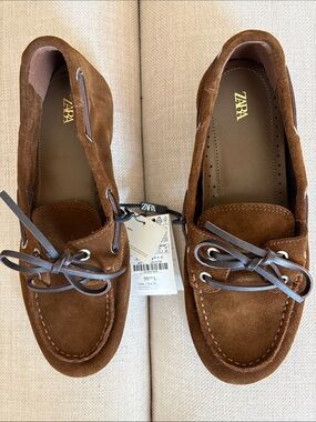 ZARA Brown Real Suede Boat Shoe Loafers with Leather Laces